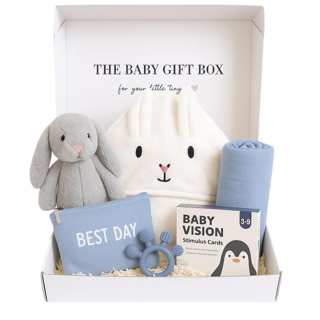 New Baby Gift Basket Set with Adorable Newborn Essentials for Baby Girl and Boy | Quality Baby Shower Gift Baskets with Soft Swaddle Blanket | Cutest Newborn Gift Set, Gift-Ready Packaging (Blue)