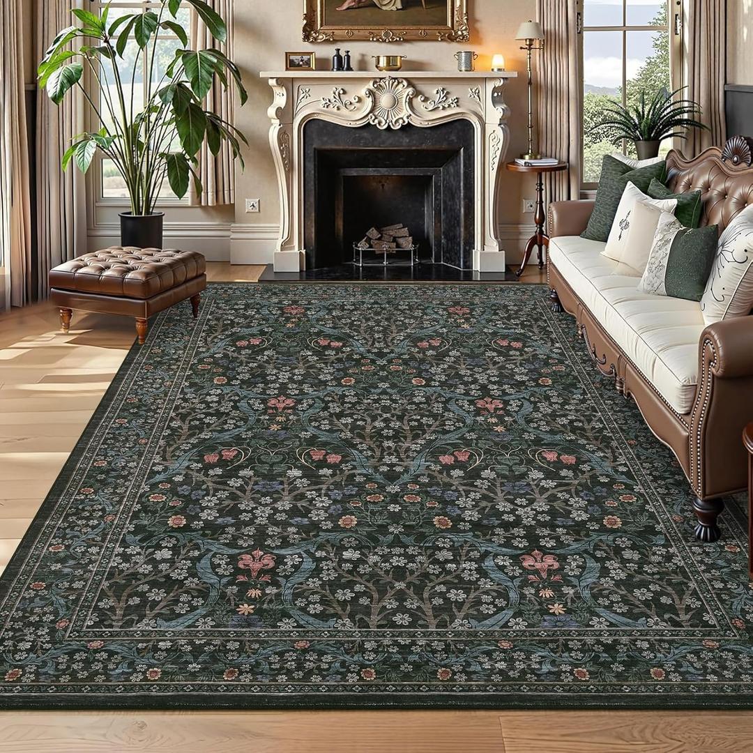 GarveeHome Washable Rug for Living Room, 8x10 Large Area Rug for Dining Room Under Table, Bedroom, Floral Soft Low Pile Non Slip Stain Resistant Carpet for Nursery, Playroom, Office, Dark Black