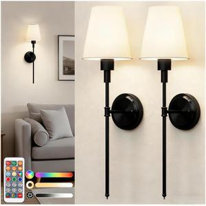 DORESshop Battery Operated Wall Sconce Set of 2, Wireless Wall Light Easy to Install, 15 Color Rechargeable Wall Sconces, Sconce Wall Decor Set of 2 for Bedroom, Living Room, Black, 24.6in