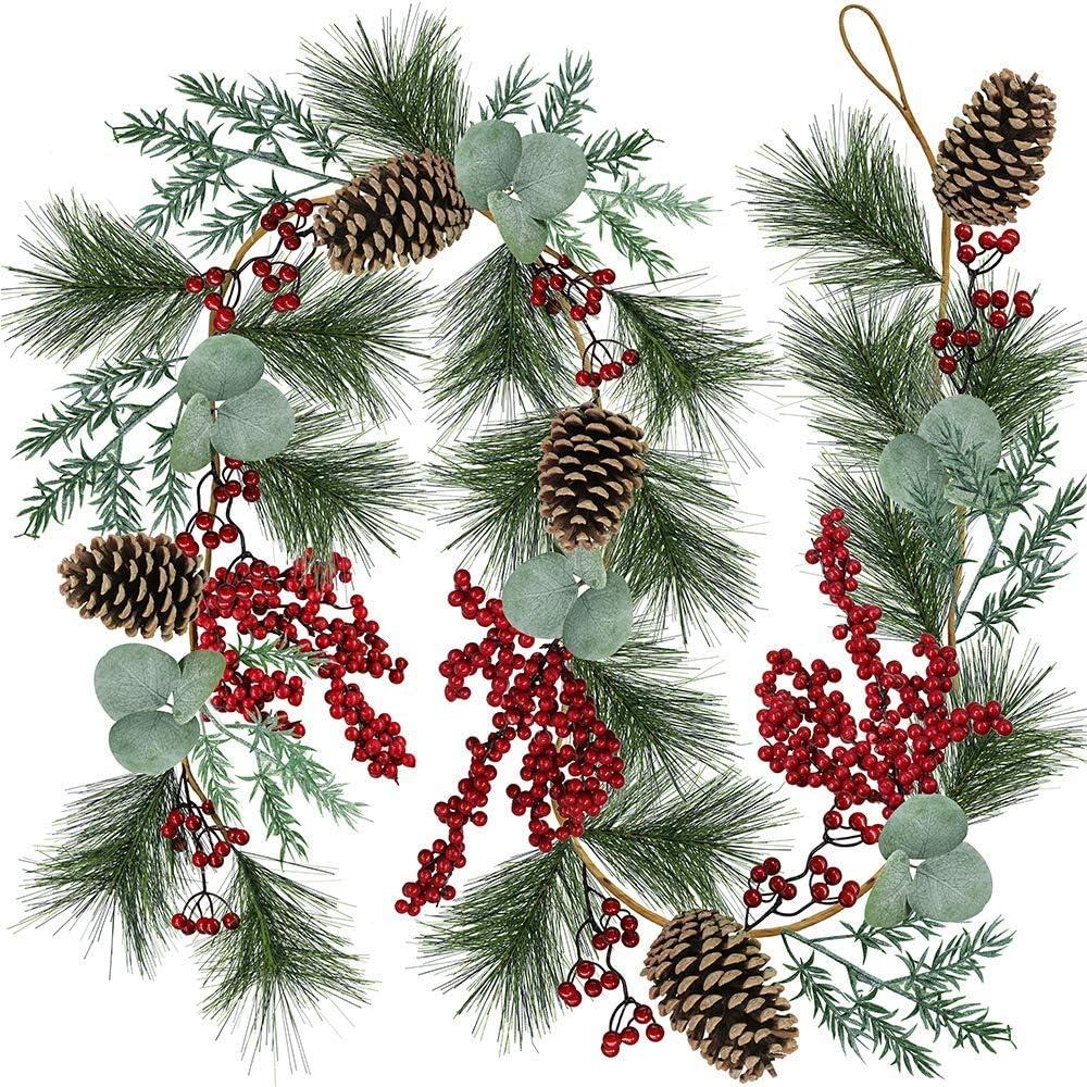 6' Long Christmas Artificial Pine Needle Garland Wired Rustic Twig Vine Birch with Assorted Faux Red Berries Eucalyptus Leaves Natural Pine Cones Fir Sprigs Holiday Season Winter Decor