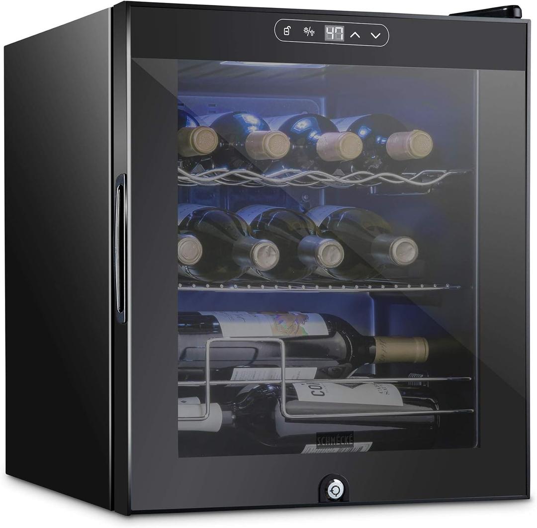 Schmecke 12 Bottle Compressor Wine Cooler Refrigerator w/Lock | Large Freestanding Wine Cellar | 41f-64f Digital Temperature Control Wine Fridge For Red, White, Champagne or Sparkling Wine - Black, 12 Bottle Cube Single Zone