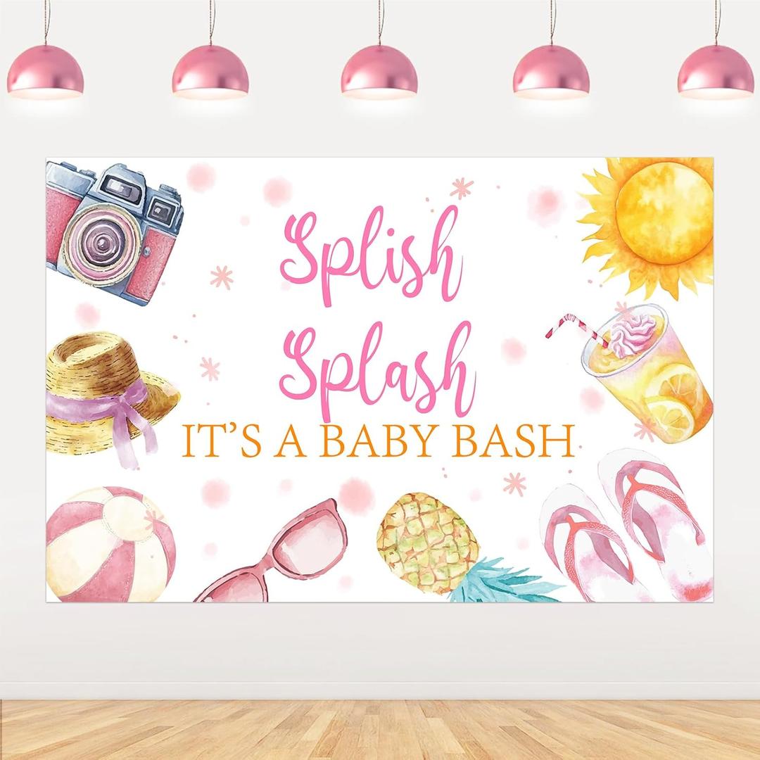 Funmemoir Pool Party Decorations Pink, Splish Splash Theme Backdrop Banner 35 ft Its A Baby Bash Background Photography for Summer Beach Baby Shower Party Supplies Girl