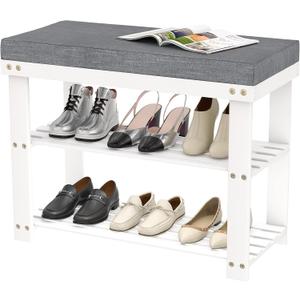 Domax White Shoe Rack Bench for Entryway - Bench with Shoe Storage Front Door Shoe Bench with Cushion Upholstered Padded Seat 3 Tier Bamboo Shoe Holder for Indoor Entrance Hallway Bedroom Living Room, 28 x 11.8 x 17.7 inch