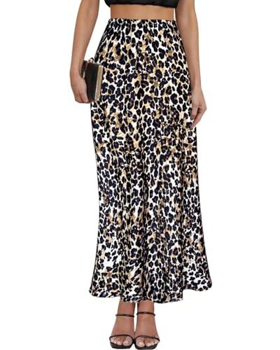 Women's Satin Maxi Skirt High Waisted Elastic Waistband Silk A-Line Casual Party Leopard Print Long Skirts for Women (Leopard Khaki, Medium)