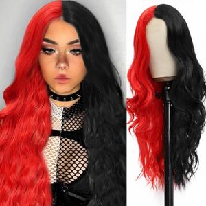 Red and Black Wigs for Women 26 Inch Long Body Wave Costume Wigs Synthetic Middle Part Long Wavy Wig for Halloween Cosplay Party Use Half Red Half Black