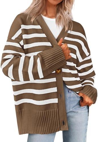 PRETTYGARDEN Women's Long Sleeve Striped Open Front Cardigan Sweaters Button Down Knit Lady Jackets 2025 Fall Outfits (XL)