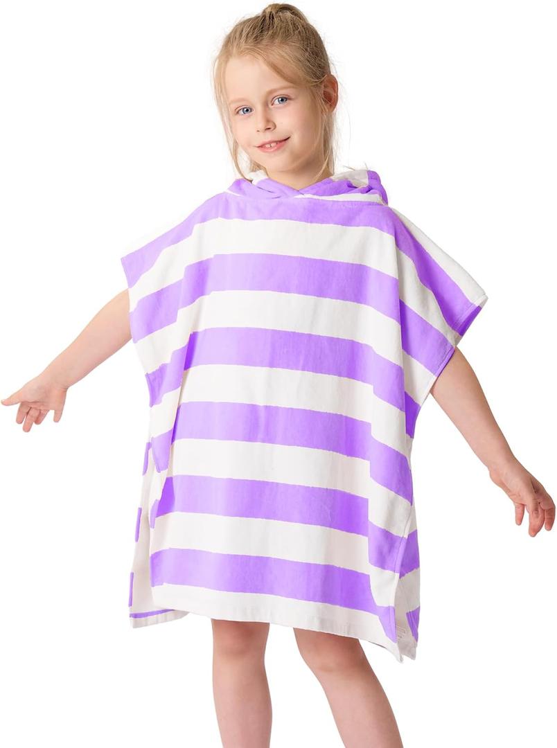 TBEZY Toddler Bath Towel Poncho Thick Cotton Striped Beach Towels for Kids Gifts (2-6, Purple)