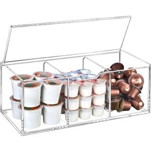 BEYGORM Acrylic Coffee Pod Holder with Lid for 24 Kcup, Clear Coffee Capsule Storage Organizer,3 Compartments Coffee Bar Station Organizer Compatible with Coffee Pod, Coffee Creamer