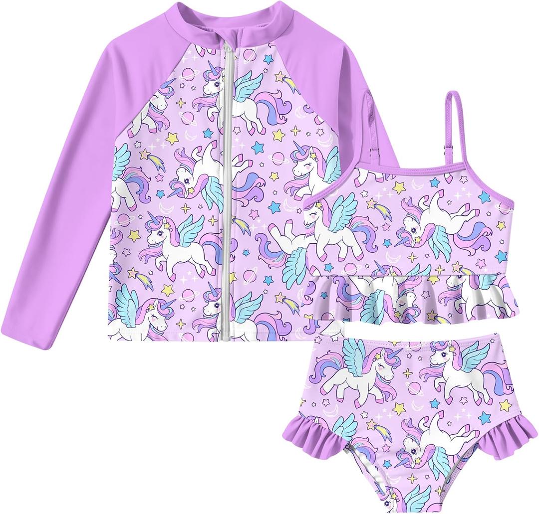 Funnycokid Girls Swimsuit Kids Bathing Suit Rashguard Swimwear Long Sleeve 3 Piece Toddler 5 Years (Purple, 4-5 T)