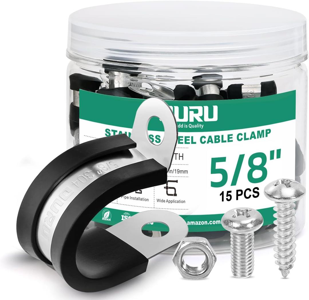 15PCS 5/8 Inch Cable Clamps with 35PCS Screws Assortment Kit 304 Stainless Steel Rubber Cushioned Insulated Cable Clamp, Automotive Wire Pipe Clamps(16mm)