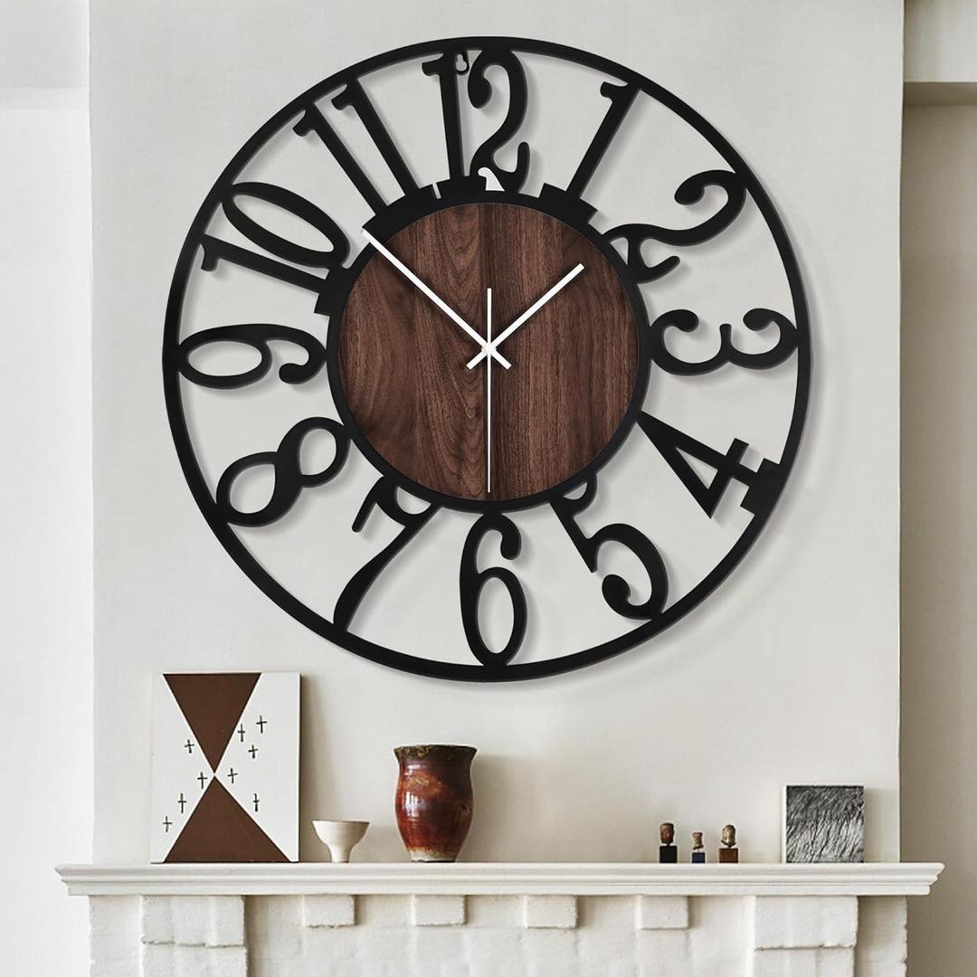 LEIKE Large Wall Clocks for Living Room,Silent,Non Ticking,Battery Operated Oversized Vintage Round Modern Wood Wall Clock for Bedroom,Farmhouse,Office Home Decor-24 Inch(Black-Arabic Number) (Black Wood-arabic Number)