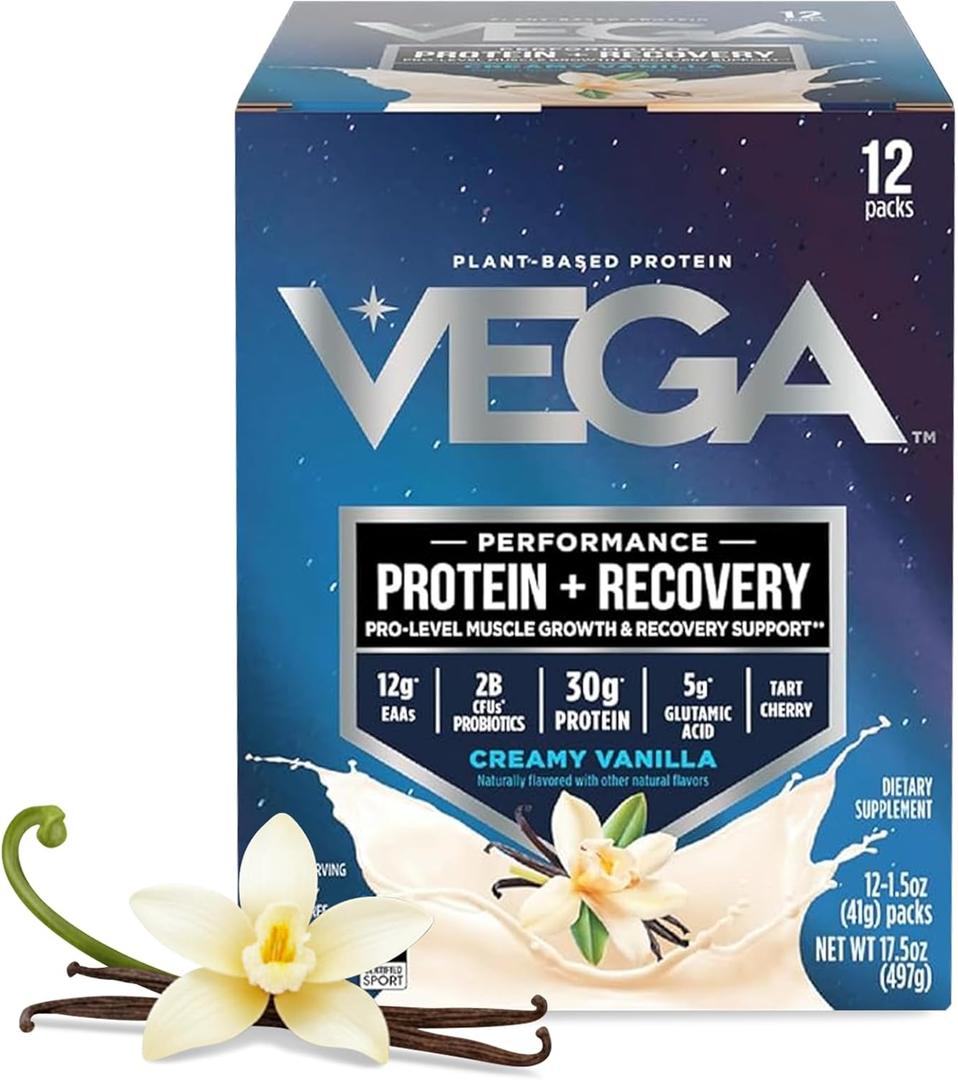 Vega Protein + Recovery, Vanilla  30g Vegan Protein, Dairy & Gluten Free, Probiotics, NSF Certified, 12 x 1.6 oz (12 Servings) (EXP 08/02/27)