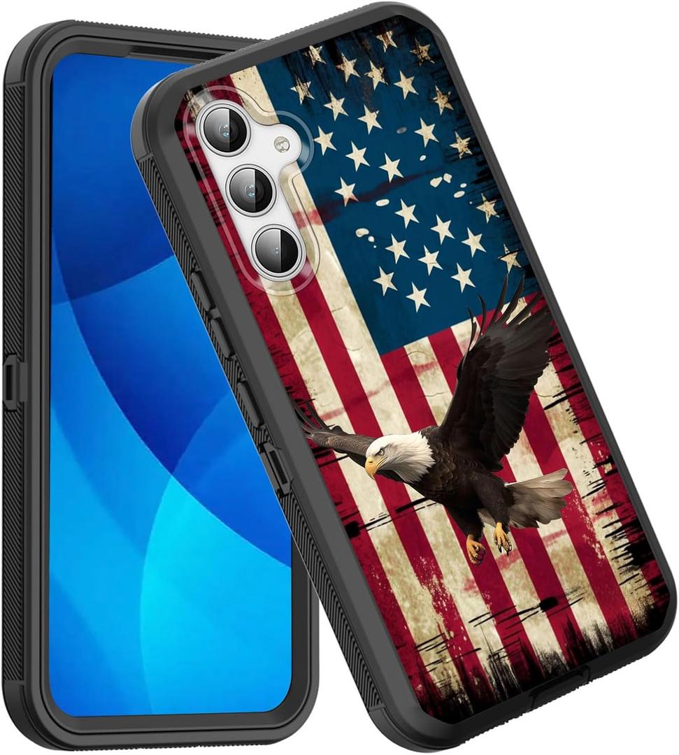 GFEWYTJYJ for Galaxy S24 FE Case,Shockproof 3-Layer Full Body Protection Rugged Heavy Duty High Impact Hard Cover Case for Samsung Galaxy S24 FE 6.7 inch 2024,American Flag Bald Eagle