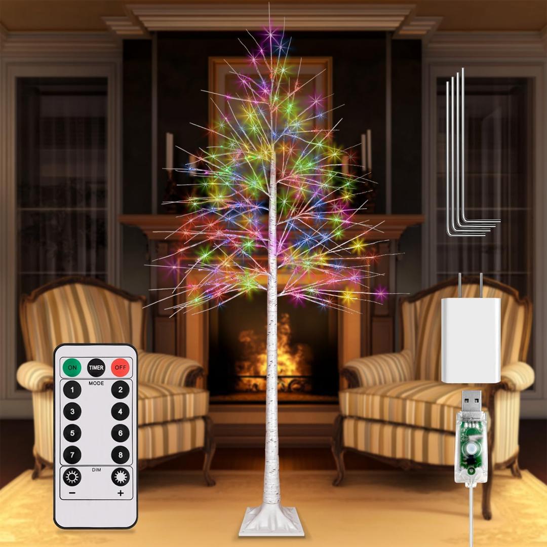 8FT Lighted Birch Tree, Birch Tree with 210 LED Lights, 8 Flash Modes and Timer, Light Up Twig Christmas Tree for Indoor Outdoor Home Party Garden Wedding Decorations (Warm White & Multicolor)