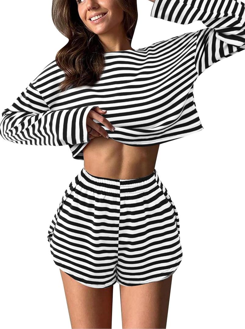 Remidoo Women's Split Short Pajama Set Striped Long Sleeve T Shirt and Shorts Pajamas Loungewear Black X-Large