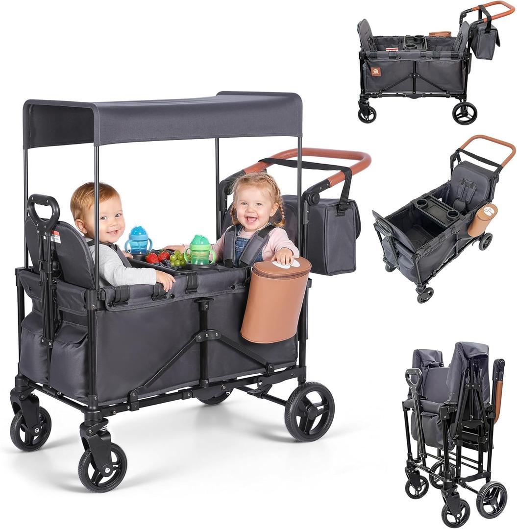 2-in-1 Wagon Stroller for 2 Kids  Adjustable Push & Pull Handle AllTerrain Wagon with Canopy, 5Point Harnesses, sanck Tray 2-in-1 Storage Bag, Lightweight, Compact  Grey (Gray)