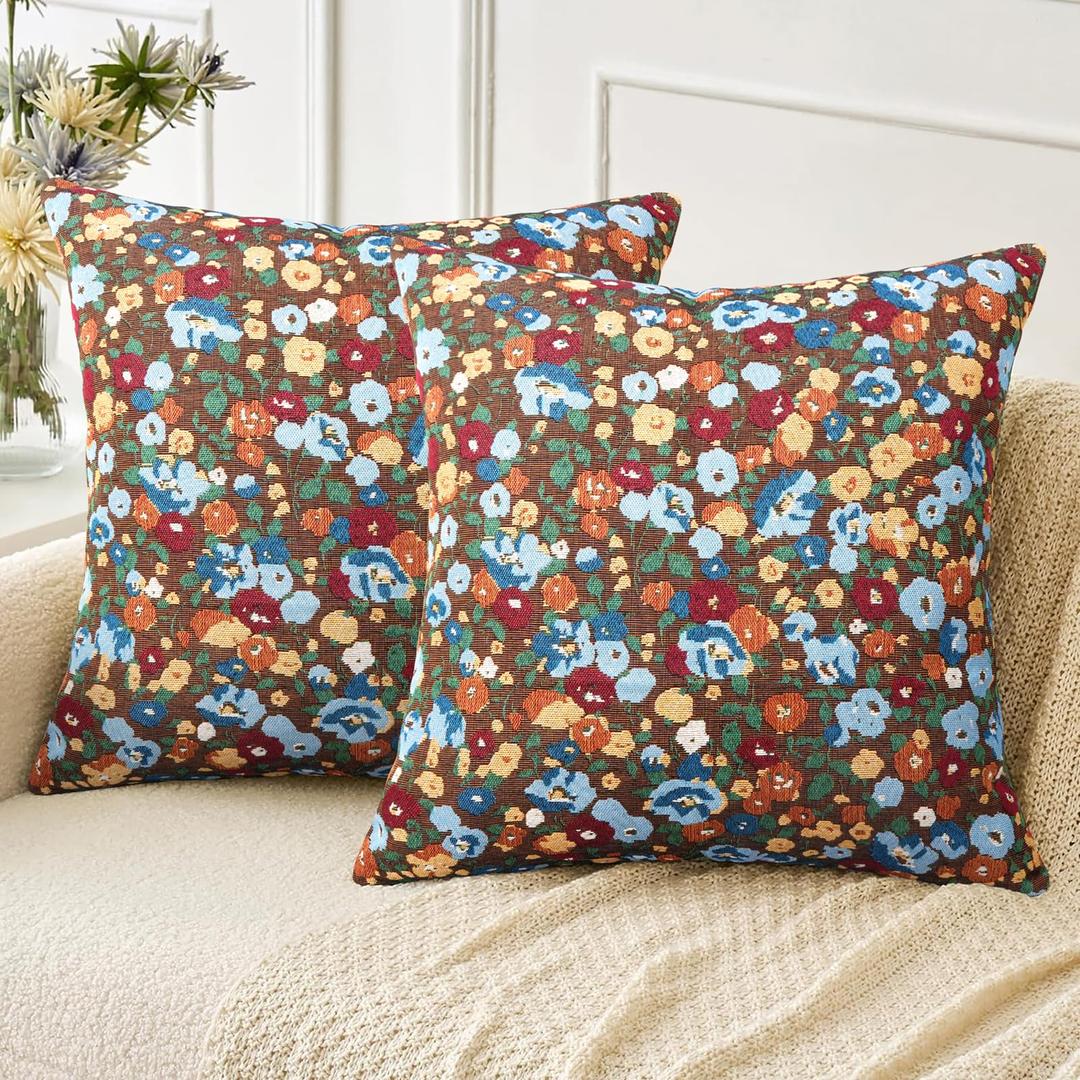 Pyonic Set of 2 Decorative Floral Print Throw Pillow Covers 18X18 Inch Vintage Black Boho Square Pillow Covers Soft Neutral Farmhouse Couch Pillowcase for Livingroom Bedroom Home Decor