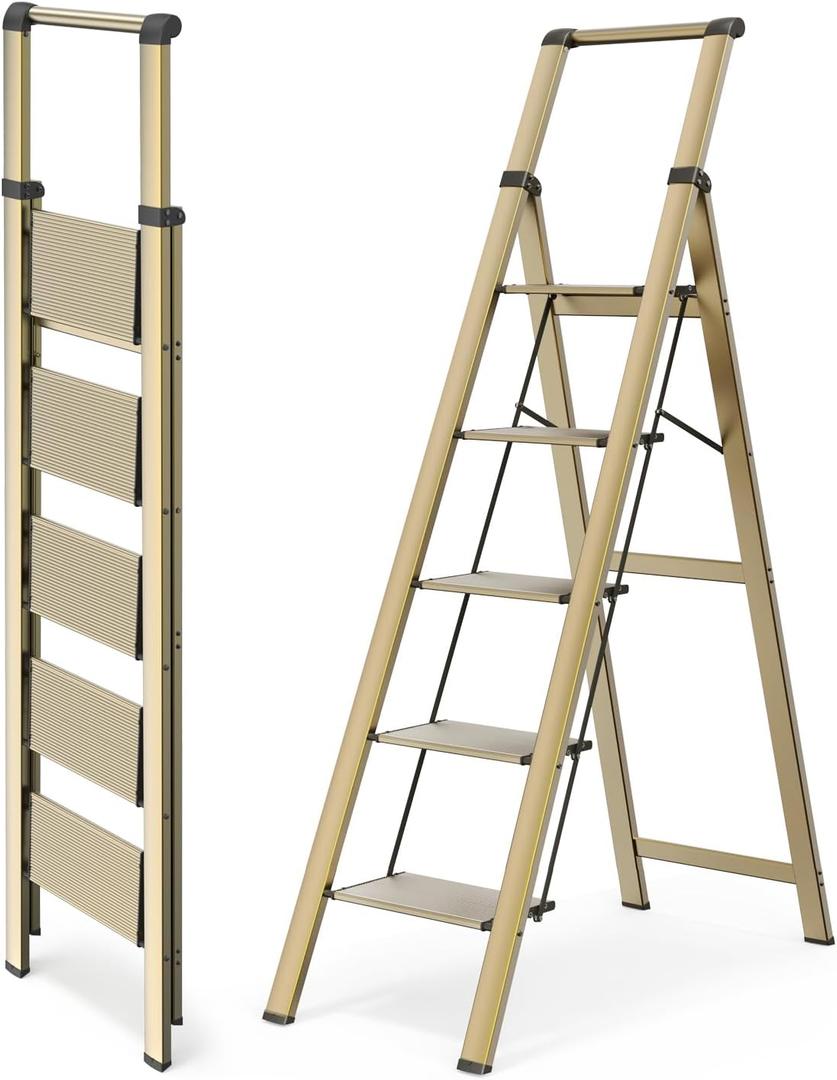 5 Step Ladders for Home, 300lbs Load, 46'' Top Step, Gold