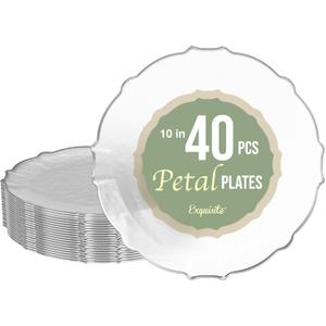 Exquisite Elegant Plastic Plates for Party - 40 x 10 Inch Dinner and Dessert Set - Thin Delicate Fancy Disposable Plates | Clear With Silver Rim