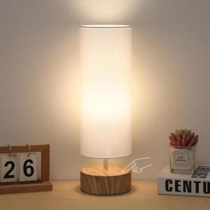 Bedside Table Lamp, 3 Way Touch Control Table Lamp with Wood Grain Base, Dimmable Nightstand Lamp with White Shade, Simple Night Light for Bedroom Living Room Home Office, LED Bulb Included
