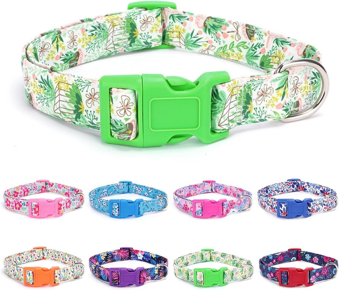 LASOCUHOO Dog Collar - Breathable Adjustable Pet Collar with Floral Prints for Small Medium Large Dogs, Soft Comfortable Fabric, 5 Sizes (XS-XL), Easy-Slide Buckle, Machine Washable (XS ( Width: 3/5", Length: 8"-11.5" ), Green)