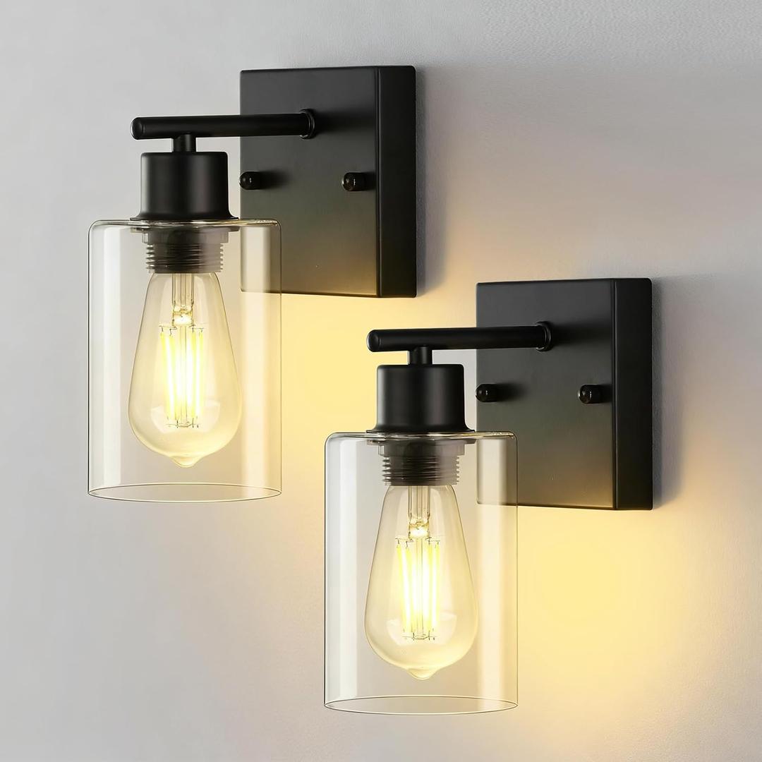 2-Pack Wall Sconces for Bathroom, Matte Black Vanity Lights, Modern Wall Light Fixture with Clear Glass Shade, Farmhouse Wall-Mount Lighting Lanterns, Wall Lamps for Mirror Living Room Bedroom Hallway