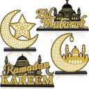 Wiooffen 4Pcs Ramadan Mubarak Table Centerpiece Decorations Eid Mubarak Wooden Table Signs Ramadan Kareem Tabletop Set Eid Al Fitr Moon Star Wood Table Decor for Home Kitchen Party(Black Gold)