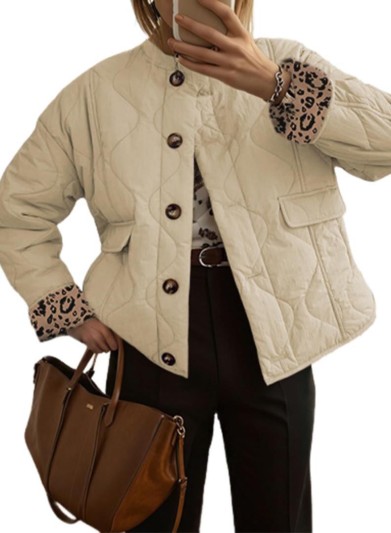 Dokotoo Winter Clothing for Women Casual Long Sleeve Button Down Leopard Puffer Jacket Womens Fall Fashion 2025 Baggy Warm Quilted Jackets for Women Lightweight Padded Jackets with Pockets Black S