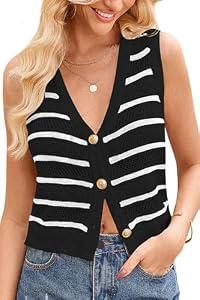 Womens Crochet Sweater Vest Summer Sleeveless Knit Tops Button Down Trendy Casual V Neck Cropped Cardigan Black White Striped XL