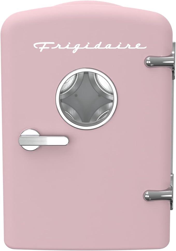 Frigidaire EFMIS171 Retro Mini Portable Personal Fridge  Ideal for Home, Office or Dorm  Includes Carrying Handle, AC/DC Wall/Car Charger (Pink)