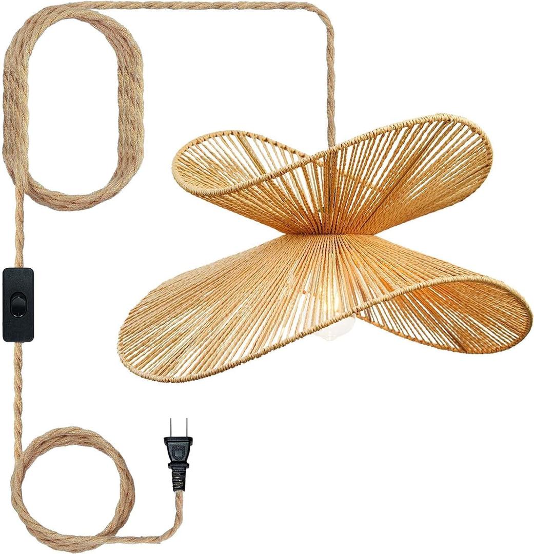 19.7" Wide Bohemian Farmhouse Rattan Chandelier - Plug-in Double Layer Lighting Fixture with Switch, Handwoven Natural Fiber for Kitchen Island, Dining & Living Room, 1 Pc-19.7"-Plug in with switch