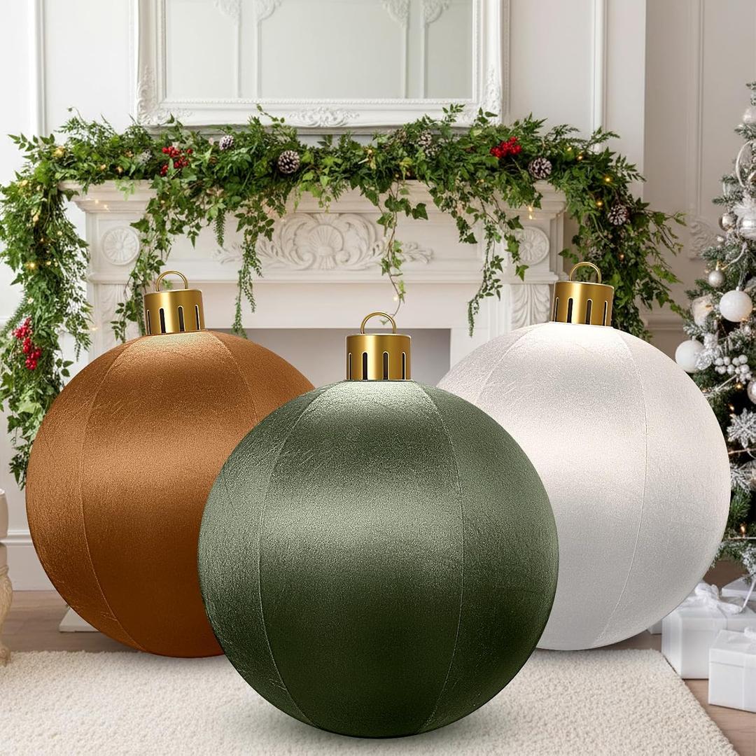 Jetec 3 Pcs 24 Inch Giant Velvet Christmas Inflatable Ball Ornament Large Flocked Inflatable Ball PVC Hanging Ornaments for Christmas Indoor Outdoor Blow Up Holiday Yard Decor(Green, Brown, Beige)