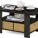 Furinno Coffee Table with Bins, Espresso/Brown, Small Non-Lift Top