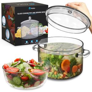 Glass Pots For Cooking on Stove - 1.9L/64oz - Heat-Resistant Glass Cooking Pot with Lid, Microwave and Dishwasher Safe, Glass Saucepan, Simmer Pot - Includes Bowl