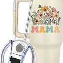 Mama Tumbler Gifts40oz Tumbler with Handle for Moms, Travel Tumbler Gifts for Mother's Day women Birthday Christmas, Mama s Gift from daughter and Son,Creamy-Mama