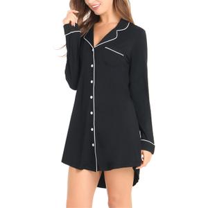 Cherrydew Bamboo Viscose Nightgown Women Super Soft Comfy Cooling Breathable Long Sleeve Sleepwear Button Down Sleep Shirts (X-Large, Black)