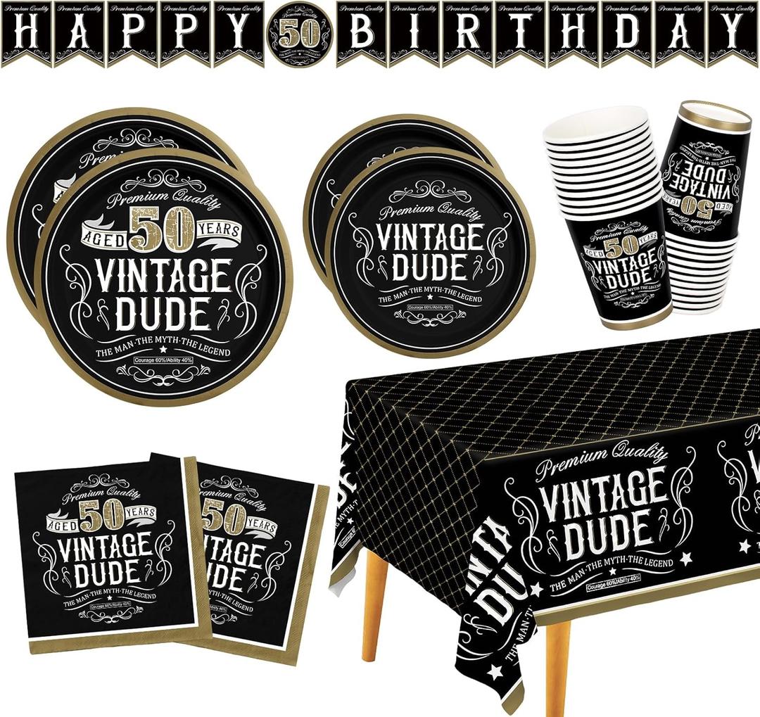 50th Birthday Party Supplies Paper Plates Napkins Cups Tablecloth Banner for Men Black and Gold 50th Birthday Decorations Serve 25