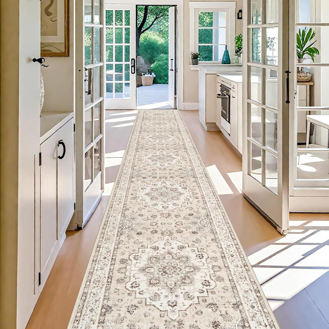 3x20 Long Hallway Runner Rug: Washable Stain Resistant Living Room Carpet Medallion Non-Slip Thin Rugs for Kinchen Dining Room Vintage Soft Low Pile Floor Mat for Bedroom Entryway (3x20,Cream/Beige)
