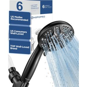 6-Mode High Pressure Handheld Shower Head Set, Consumer Reports Recommended HOPOPRO High Flow Hand Held Showerhead with 59 Inch Hose Bracket Teflon Tape Rubber Washers (Matte Black)