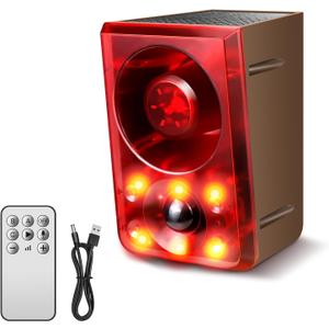 Solar Outdoor Motion Sensor Alarm, Dog Barking&Gunshot Sound, 130db Loud Noise Maker, Support Recording, 13 Kinds of Sound and Strobe Light to Deter Raccoons, Deer, Skunks, Bears, and Coyotes