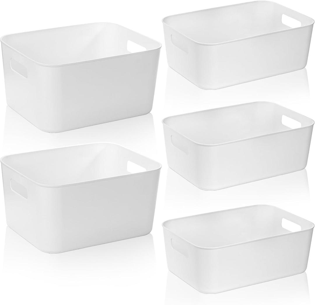 Peohud 5 Pack White Plastic Storage Bins, Pantry Organization and Storage Baskets with Handles, Open Plastic Storage Container for Home, Kitchen, Office, Shelves, Cabinet, Under Sink Organizer