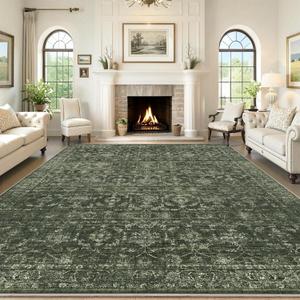 Washable Area Rug 8x10 Green Rugs for Living Room, Vintage Boho Large Rug for Bedroom Dining Room Office, Distressed Floral Print Carpet for Under Table, Soft Non Slip Low Pile Throw Carpet Indoor Mat