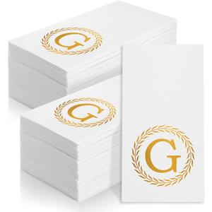 100 Gold Monogram Disposable Napkins - Letter G Hand Towels Decorative, Dinner Napkins for Guest, Monogrammed Hand Towels for Bathroom Wedding Birthday Party Baby Shower (G)
