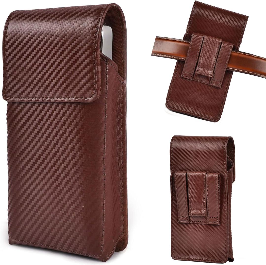 LEATHER VILLAGE Carbon Genuine Leather Phone Holster with Belt Clip - Compatible with iPhone 16 Pro Max 15 Pro Max 14 Pro Max 13 Pro Max 12 Pro Max 16 Plus 15 Plus 14 Plus Galaxy s23/24Plus- Brown- L