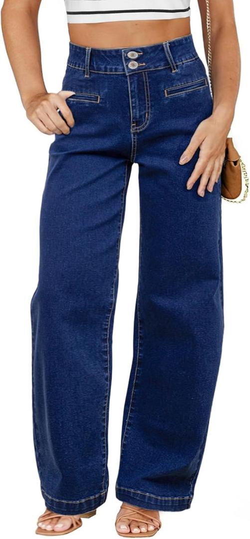 Eytino Women's Plus Size Jeans High Waisted Straight Leg Stretchy Jeans Trendy Casual Loose Denim Pants with Pockets(1X-5X) (4X, Navy Blue)