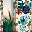 Hocase for Galaxy S24 FE Case, Heavy Duty Shockproof Protection Soft Silicone Rubber+Hard Plastic Bumper Hybrid Protective Case for Samsung Galaxy S24 FE (6.7") 2024 - Teal Flowers