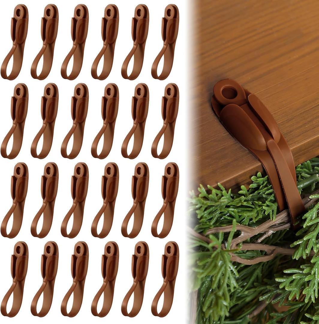 24 Pcs Christmas Garland Hanger for Mantle No Drill Garland Hangers Hooks Wreath Ties Fireplace Stocking Holder Stretchable Silicone Adhesive Straps for Door Frame Stairways (Brown)