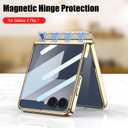 Magnetic Leather Case for Samsung Galaxy Z Flip 7 with Magnetic Hinge Protection & Built-in Screen Protector, [Support Wireless Charging ] Luxury Plating Shockproof Cover for Galaxy Z Flip 7 (Beige)