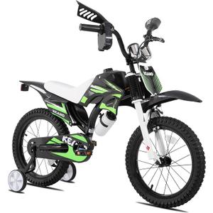 KEANO Motocross Style Kids Bike for Boys Girls Ages 4-7 Years, 16 Inch Bikes with Training Wheels and Number Plate, Toddler Bike Children Bicycles Green