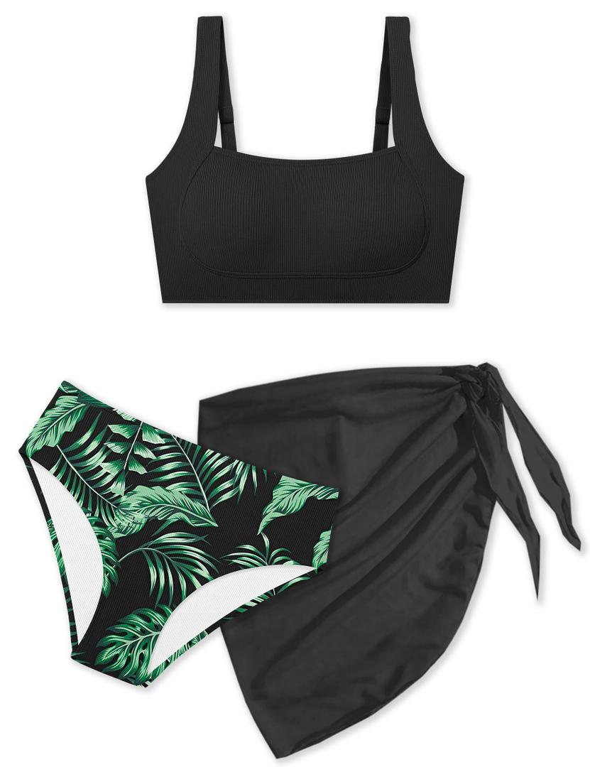 TyeSmo Girls Swimsuit Size 10 Girls Size 10 Swimsuit Girl 8-10 Adjustable Straps Girl Bathing Suit Modest Swimwear Ribbed Bikini Tropical Floral 2 Piece Swimsuit with Mesh Cover Up Black